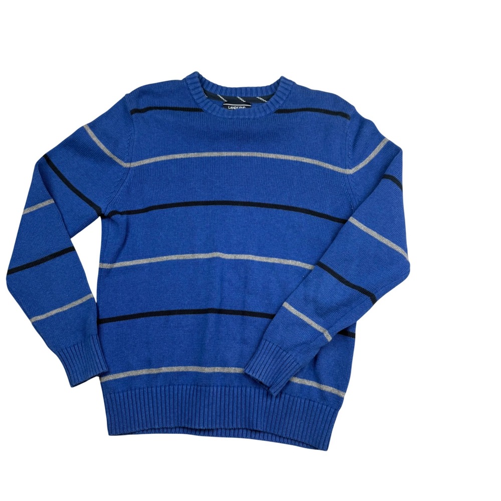 Lands End Drifter Mens Medium Tall Blue Striped Cotton Crew Neck Sweater 464097